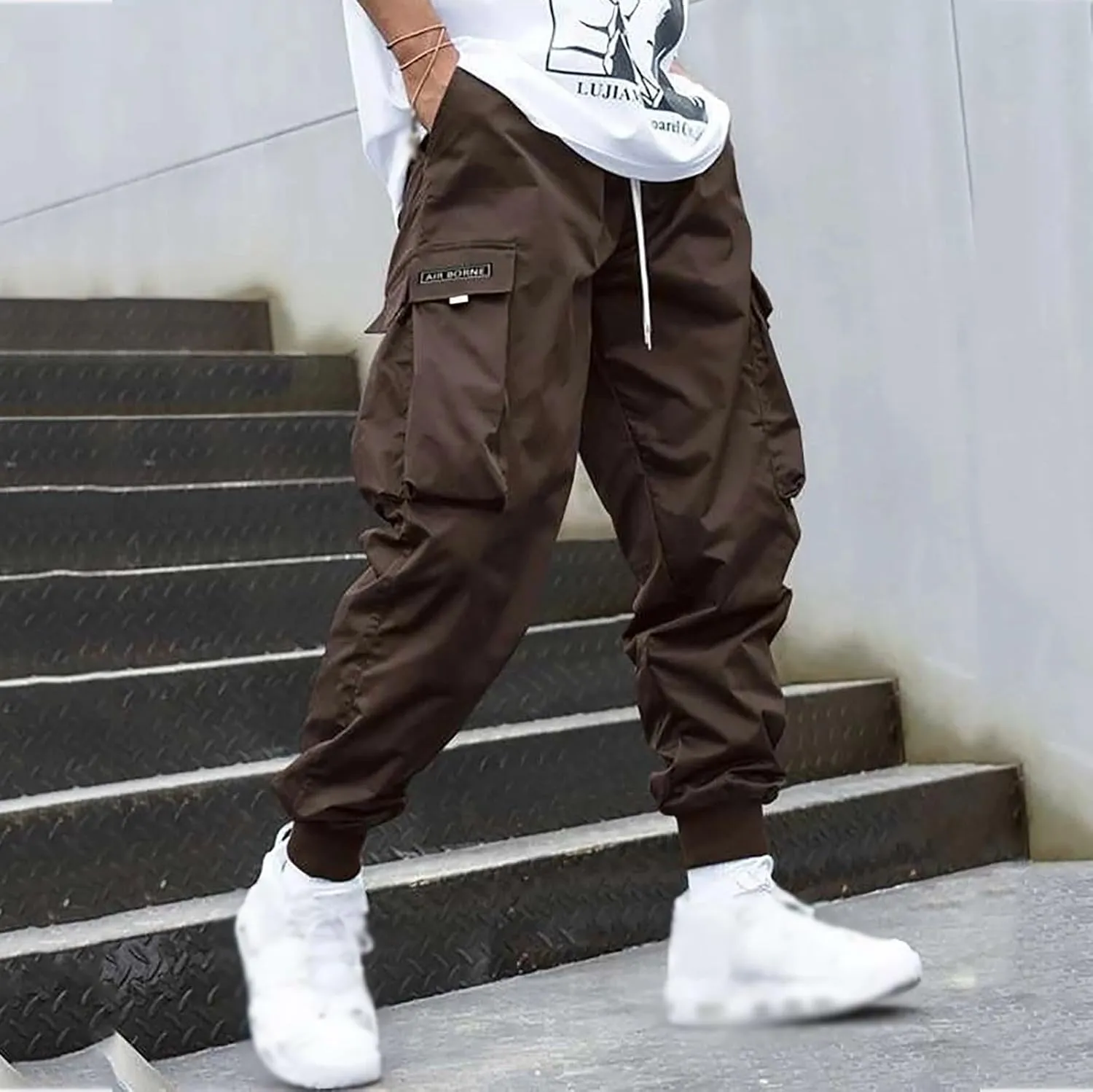 Mens Cargo Pants with Pockets Baggy Elastic Waist Black Casual Drawstring Flap Pocket Work Street Hiking Jogger Pants