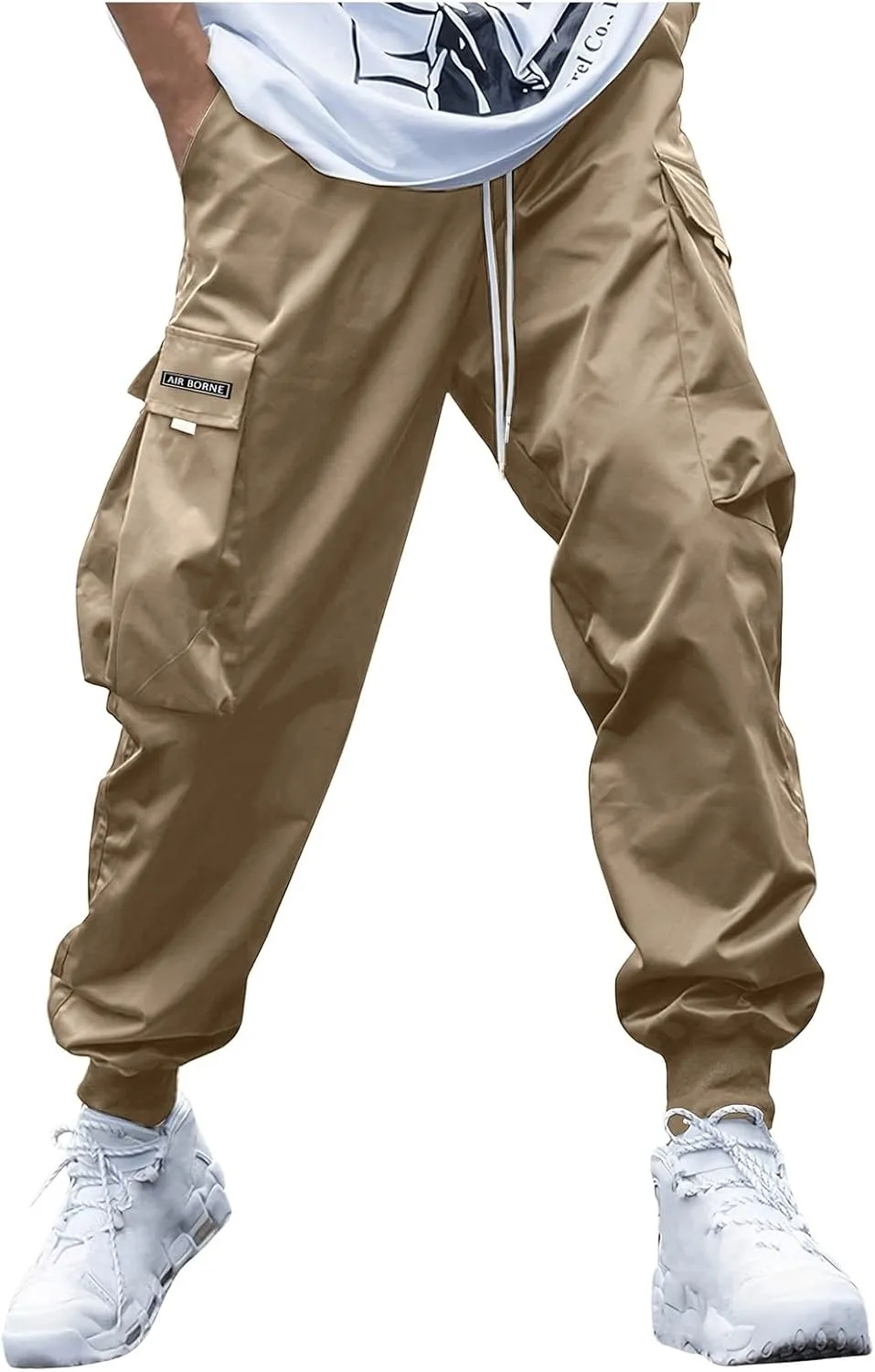 Mens Cargo Pants with Pockets Baggy Elastic Waist Black Casual Drawstring Flap Pocket Work Street Hiking Jogger Pants