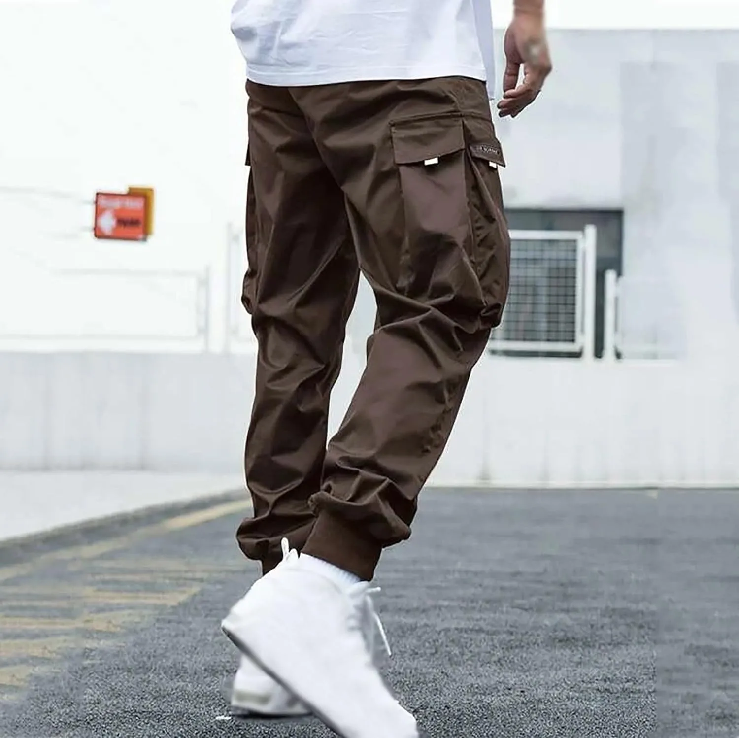 Mens Cargo Pants with Pockets Baggy Elastic Waist Black Casual Drawstring Flap Pocket Work Street Hiking Jogger Pants