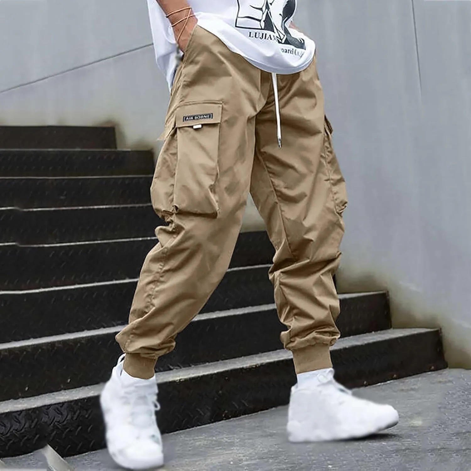 Mens Cargo Pants with Pockets Baggy Elastic Waist Black Casual Drawstring Flap Pocket Work Street Hiking Jogger Pants