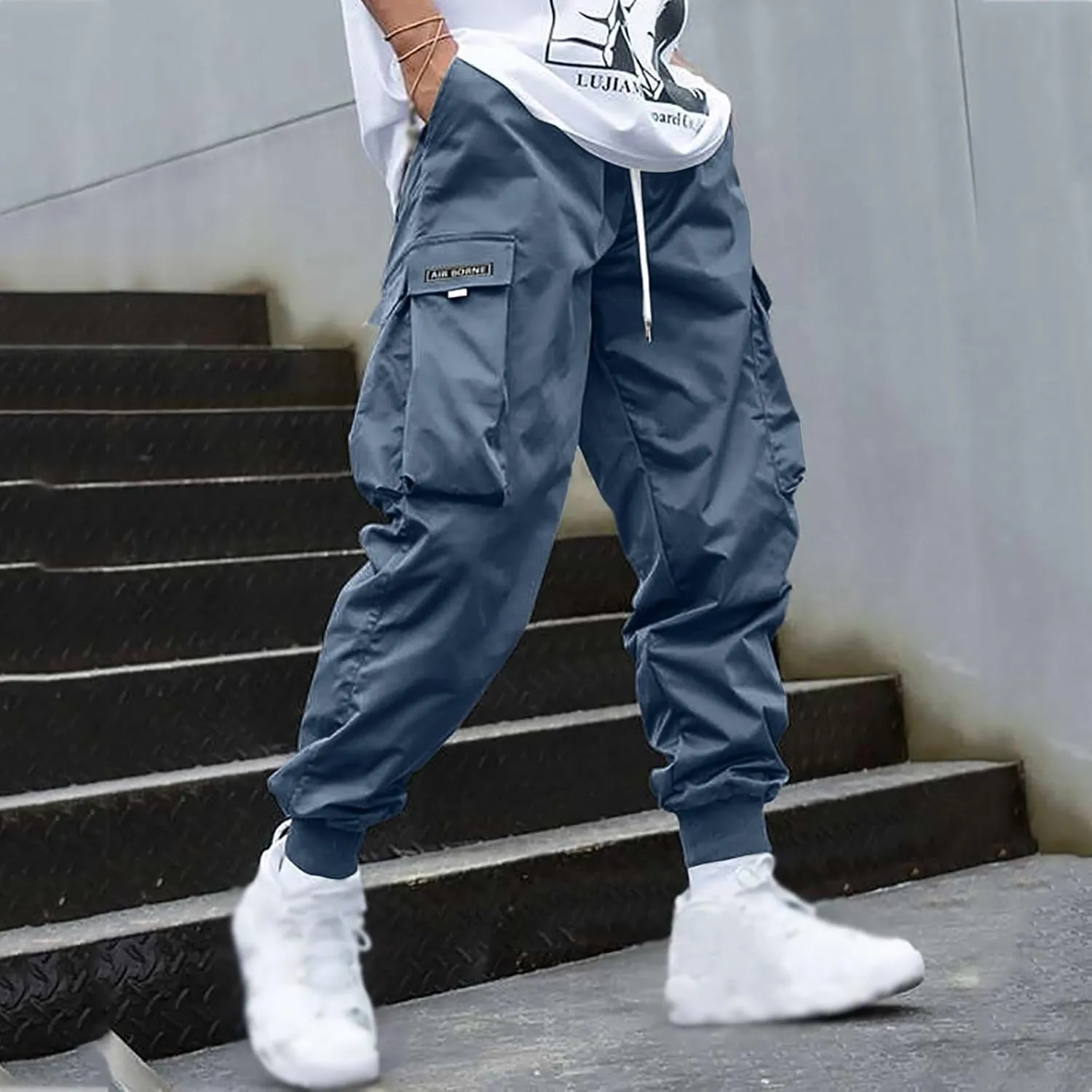 Mens Cargo Pants with Pockets Baggy Elastic Waist Black Casual Drawstring Flap Pocket Work Street Hiking Jogger Pants