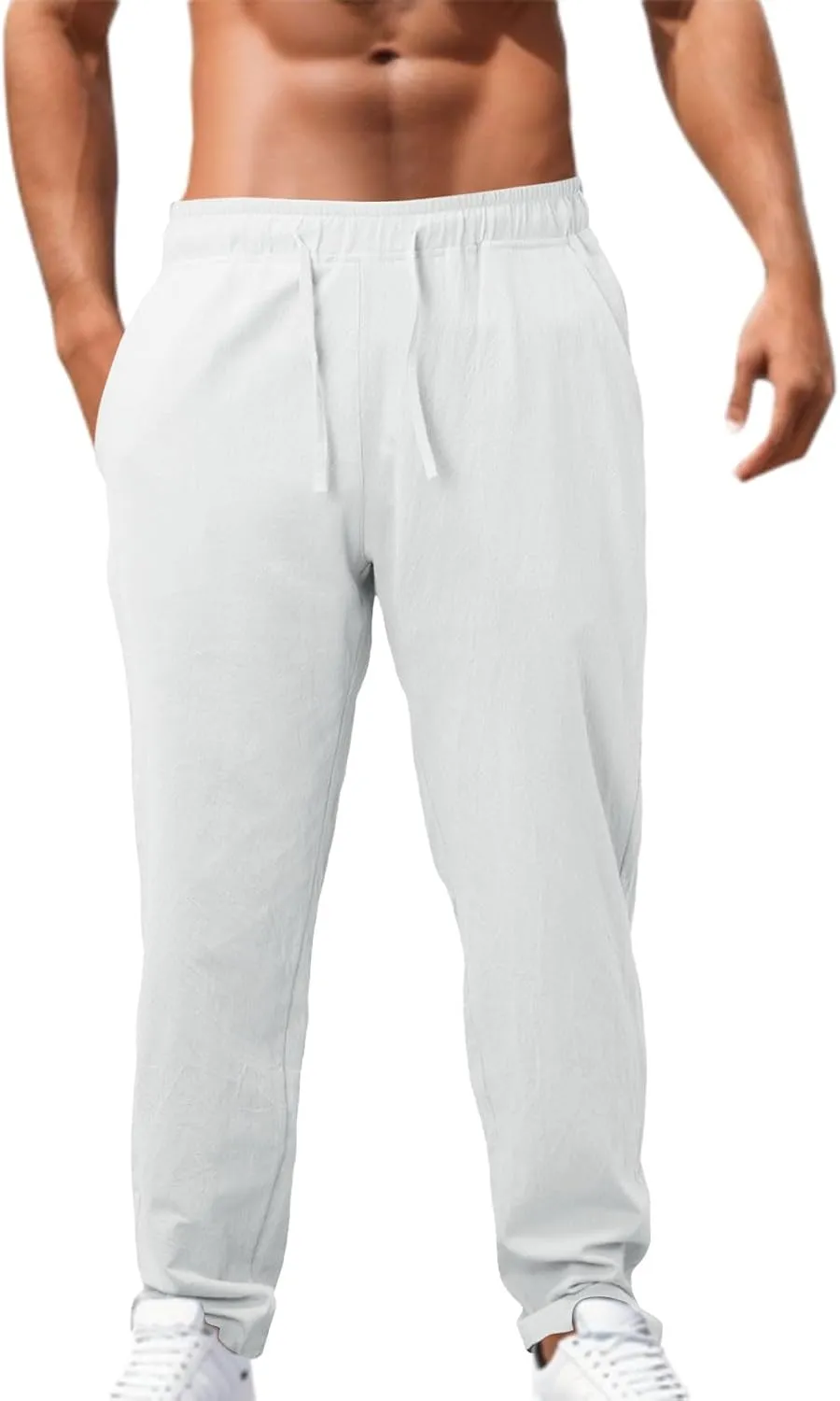 Mens Casual Cotton Pants Solid Color Yoga Beach Pants Lounge Joggers Workout Sport Pants Trousers with Pocket
