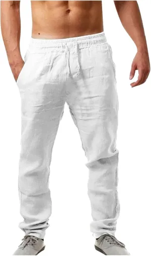 Mens Casual Cotton Pants Solid Color Yoga Beach Pants Lounge Joggers Workout Sport Pants Trousers with Pocket