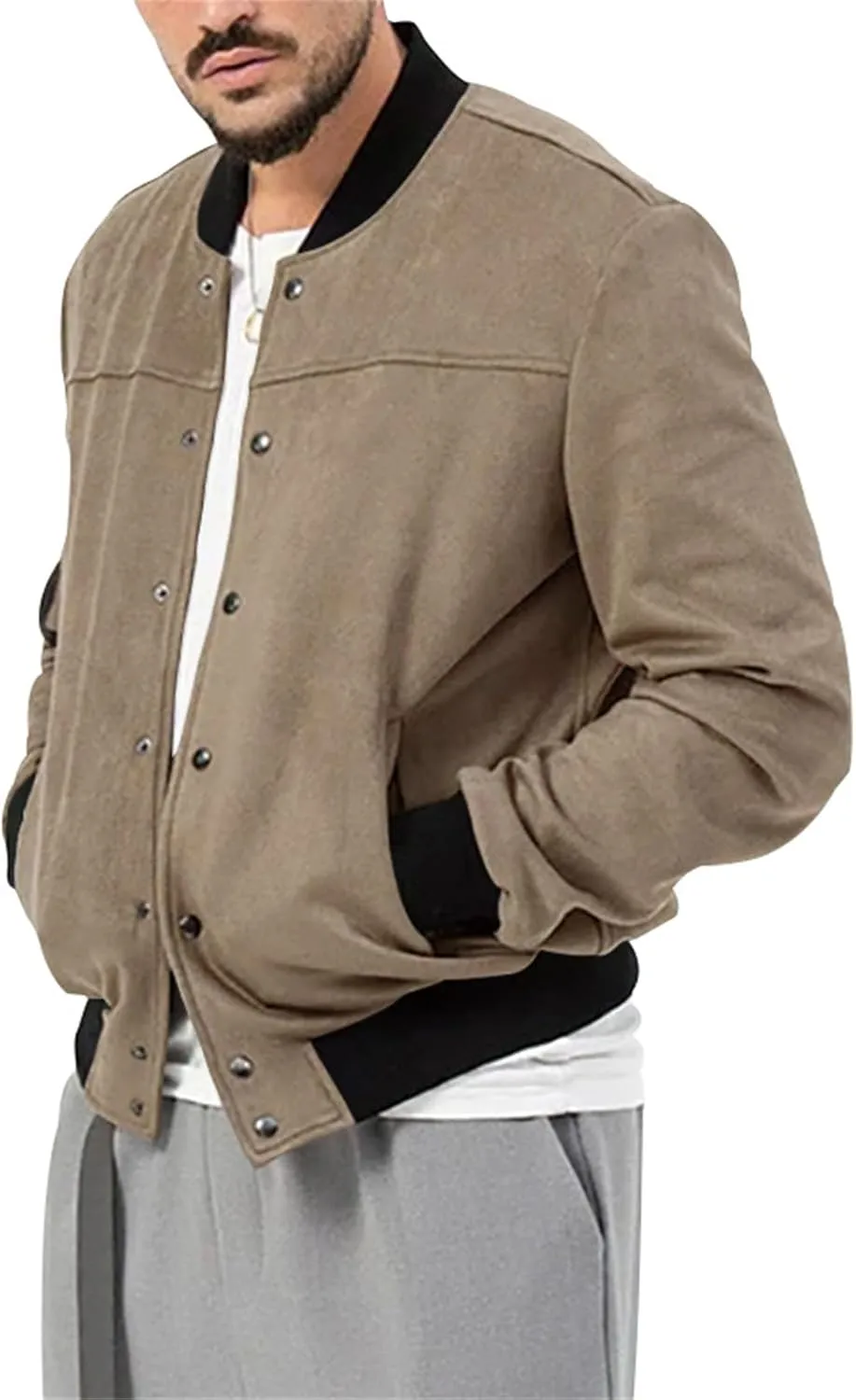 Mens Casual Faux Suede Bomber Jacket Classic Jacket Windbreaker Vintage Button Down Cardigan Lightweight Leather Coats