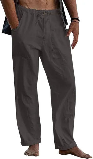 Men's Casual Linen Pants Summer Beach Yoga Trousers Elastic Waist Drawstring Pants Loose Fit Solid Pants with Pockets