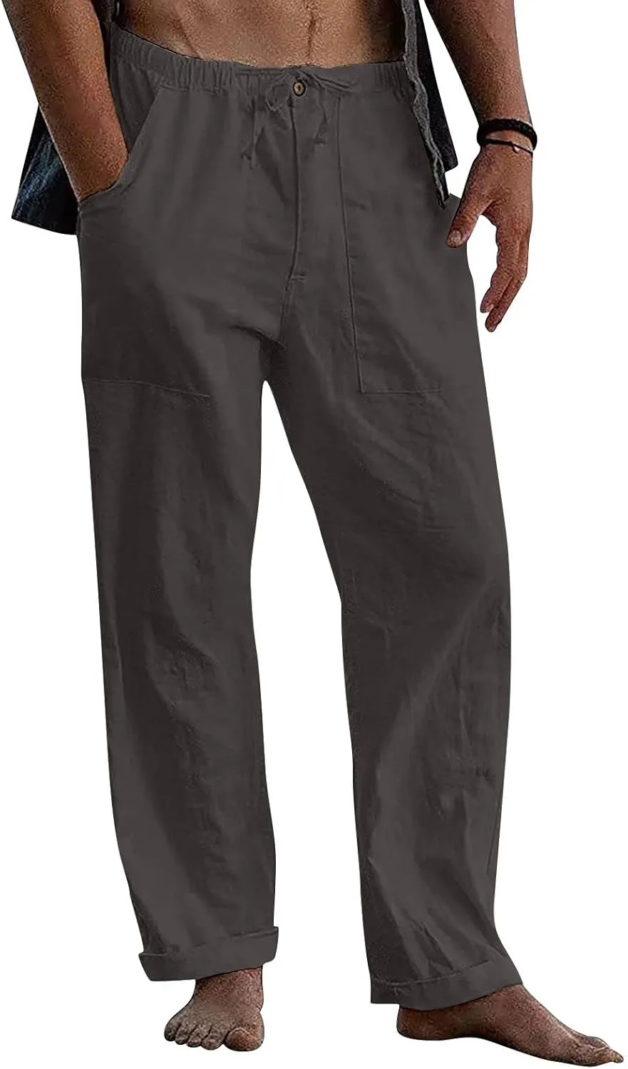 Men's Casual Linen Pants Summer Beach Yoga Trousers Elastic Waist Drawstring Pants Loose Fit Solid Pants with Pockets
