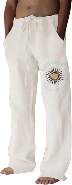 Mens Casual Pants Elastic Drawstring Waist Straight Legs Trousers Summer Hawaiian Yoga Beach Long Pants Mens Cricket Pants