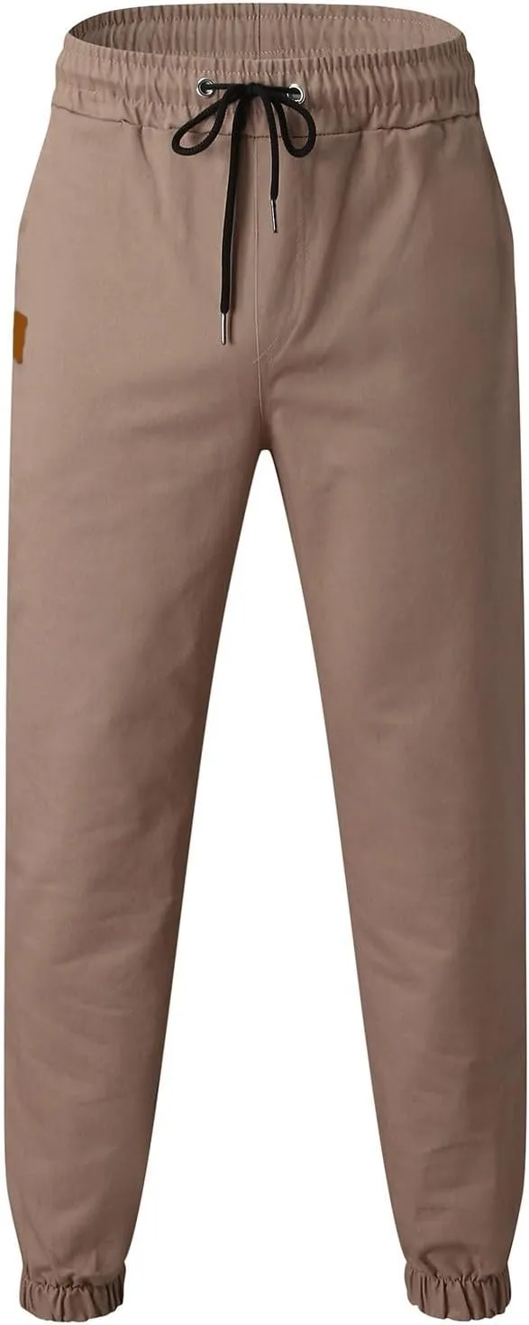Mens Cotton Pants Straight Leg Elastic Medium Waist Summer Casual Yoga Loose Comfy Drawstring Sweatpants with Pockets