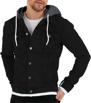 Mens Denim Classic Jacket Slim Fit Casual Trucker Jacket Long Sleeve Drawstring Hooded Coat with Button Flip Pockets