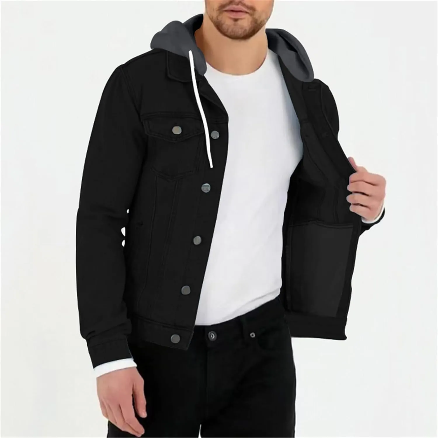 Mens Denim Classic Jacket Slim Fit Casual Trucker Jacket Long Sleeve Drawstring Hooded Coat with Button Flip Pockets