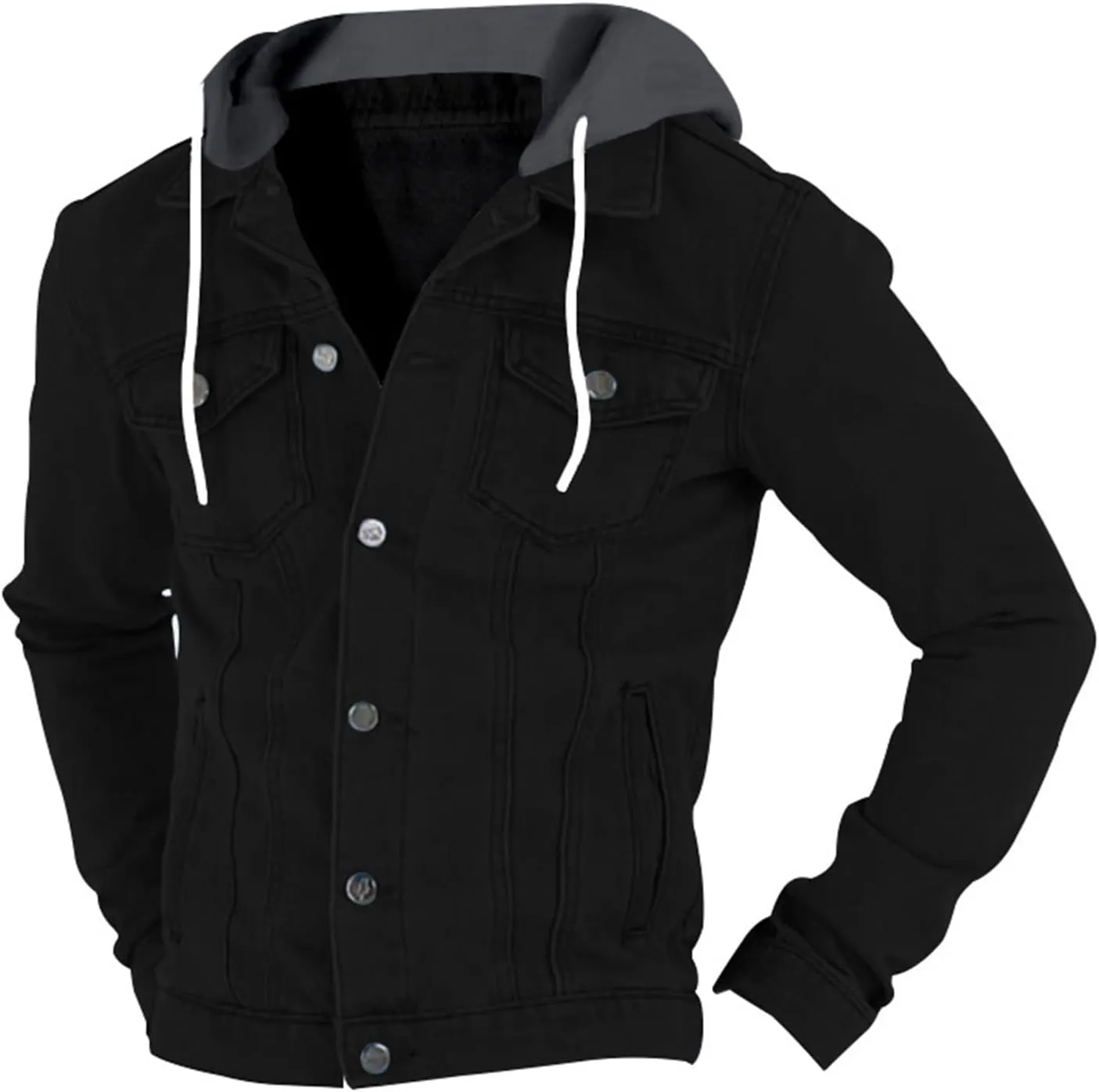 Mens Denim Classic Jacket Slim Fit Casual Trucker Jacket Long Sleeve Drawstring Hooded Coat with Button Flip Pockets
