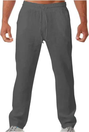 Men's Drawstring Cargo Linen Pants Joggers Casual Elastic Waist Beach Loose Trousers Flat-Front Stretch Chino Pant