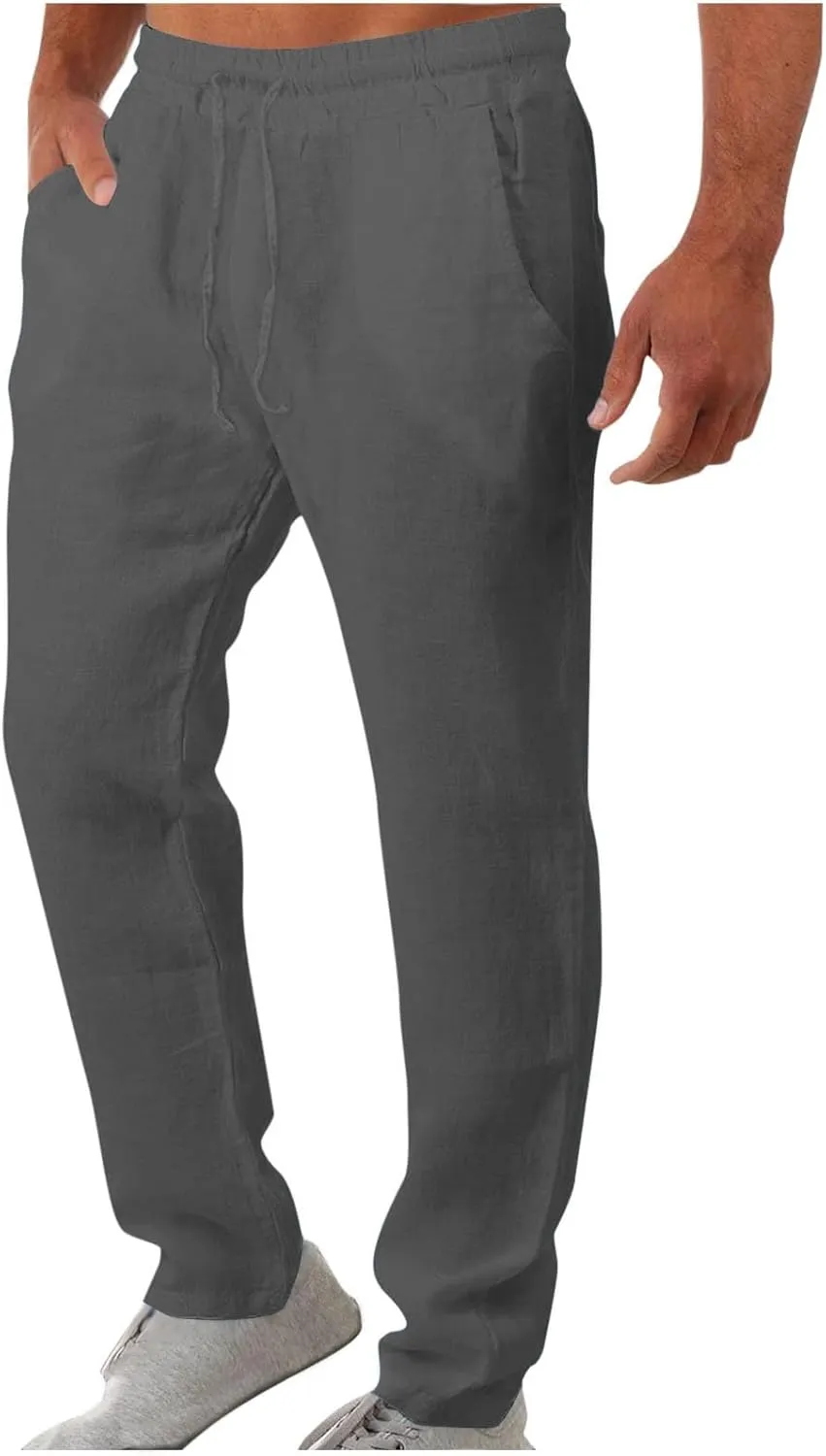 Men's Drawstring Cargo Linen Pants Joggers Casual Elastic Waist Beach Loose Trousers Flat-Front Stretch Chino Pant