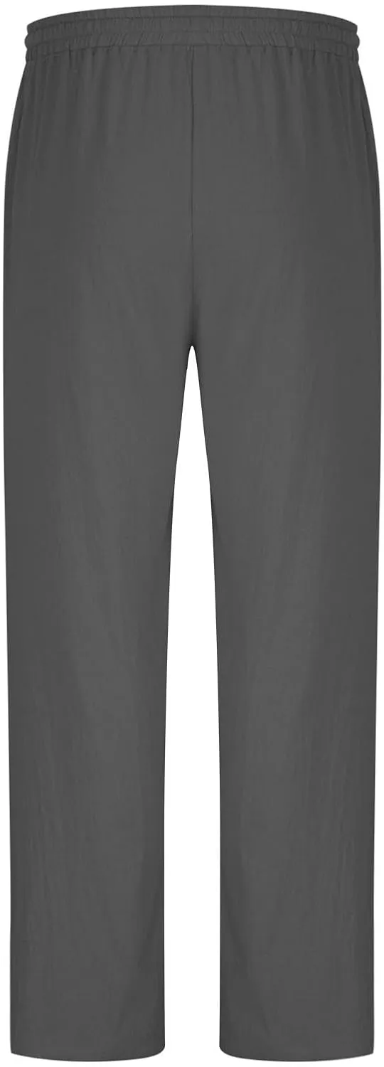Men's Drawstring Cargo Linen Pants Joggers Casual Elastic Waist Beach Loose Trousers Flat-Front Stretch Chino Pant