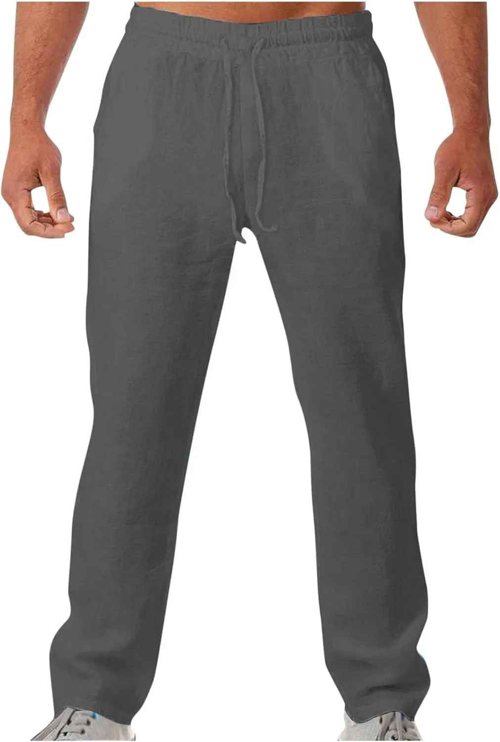 Men's Drawstring Cargo Linen Pants Joggers Casual Elastic Waist Beach Loose Trousers Flat-Front Stretch Chino Pant