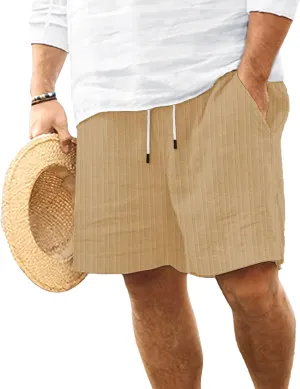 Men's Drawstring Cotton Linen Beach Short Loose Fit Striped Summer Shorts Casual Elastic Waist Vacation Shorts (Khaki,XX-Large)