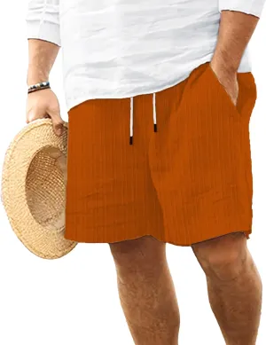 Men's Drawstring Cotton Linen Beach Short Loose Fit Striped Summer Shorts Casual Elastic Waist Vacation Shorts (Orange,3X-Large)