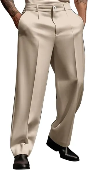Men's Dress Pants Solid Color Loose Button Closure Straight Leg Pants Comfort Business Casual Trousers with Pockets