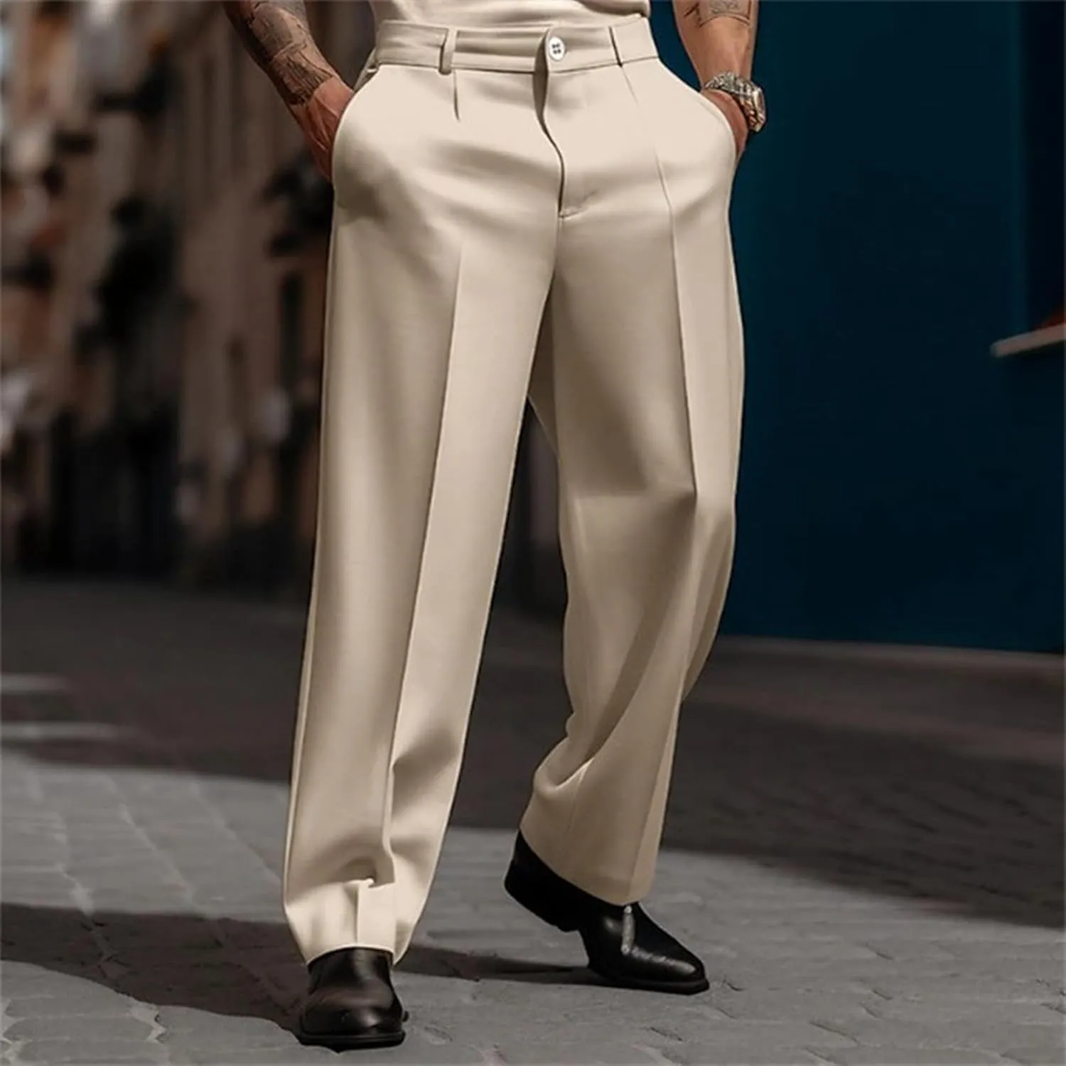 Men's Dress Pants Solid Color Loose Button Closure Straight Leg Pants Comfort Business Casual Trousers with Pockets