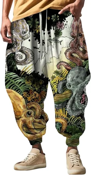 Mens Funky Print Hip Hop Harem Yoga Pants Big and Tall Casual Lounge Pants Elastic Waist Drop Crotch Hippie Trousers