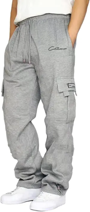 Men's Heavyweight Fleece Cargo Sweatpants Elastic Waist Jogger Drawstring Sport Pants Straight Leg Mens Sweats Trousers