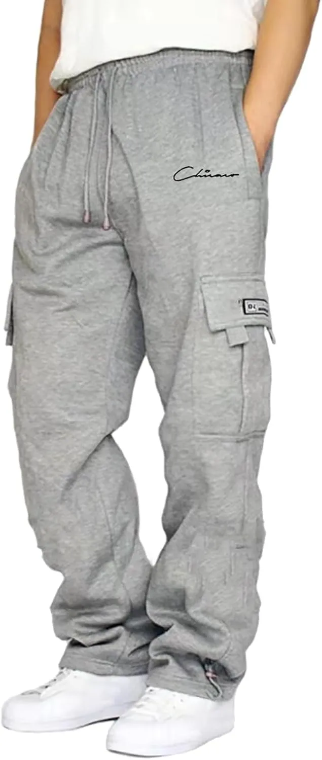 Men's Heavyweight Fleece Cargo Sweatpants Elastic Waist Jogger Drawstring Sport Pants Straight Leg Mens Sweats Trousers