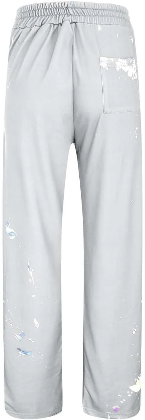 Mens Hip Hop Stacked Sweatpants Drawstring All Over Print Flared Bell Bottom Pants Y2K Patchwork Athletic Track Pants