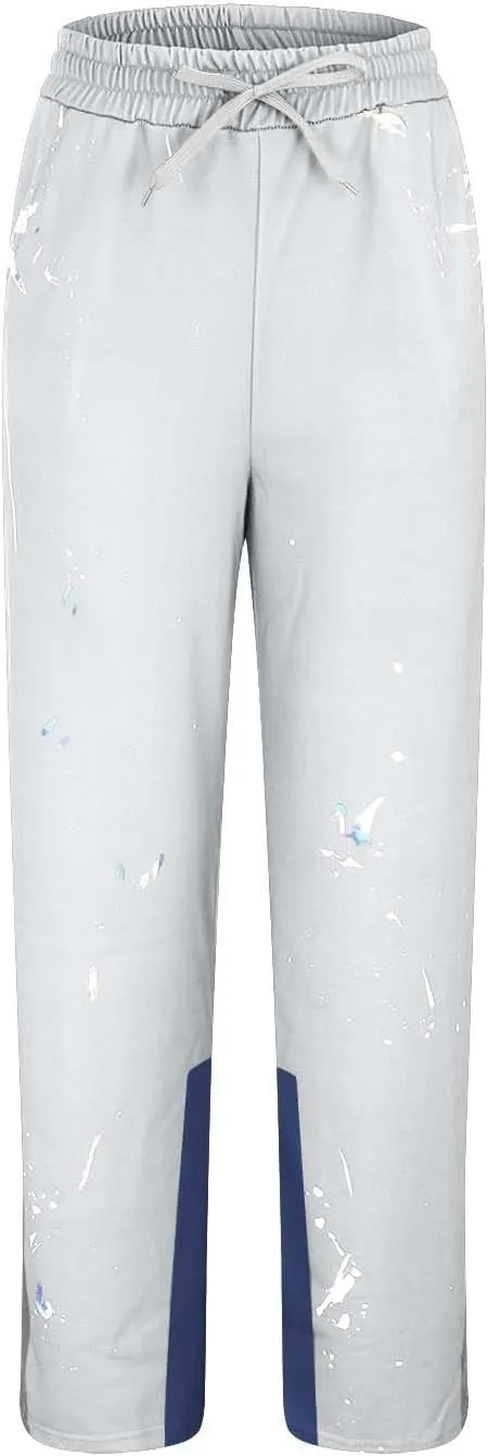 Mens Hip Hop Stacked Sweatpants Drawstring All Over Print Flared Bell Bottom Pants Y2K Patchwork Athletic Track Pants