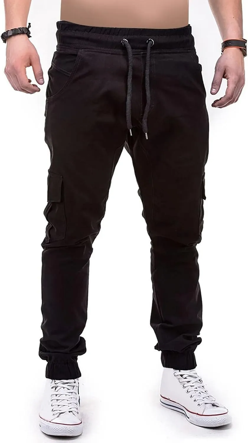 Mens Joggers Cargo Pants Drawstring Stretch Tapered Pants Solid Color Casual Trousers Outdoor Hiking Athletic Trouser