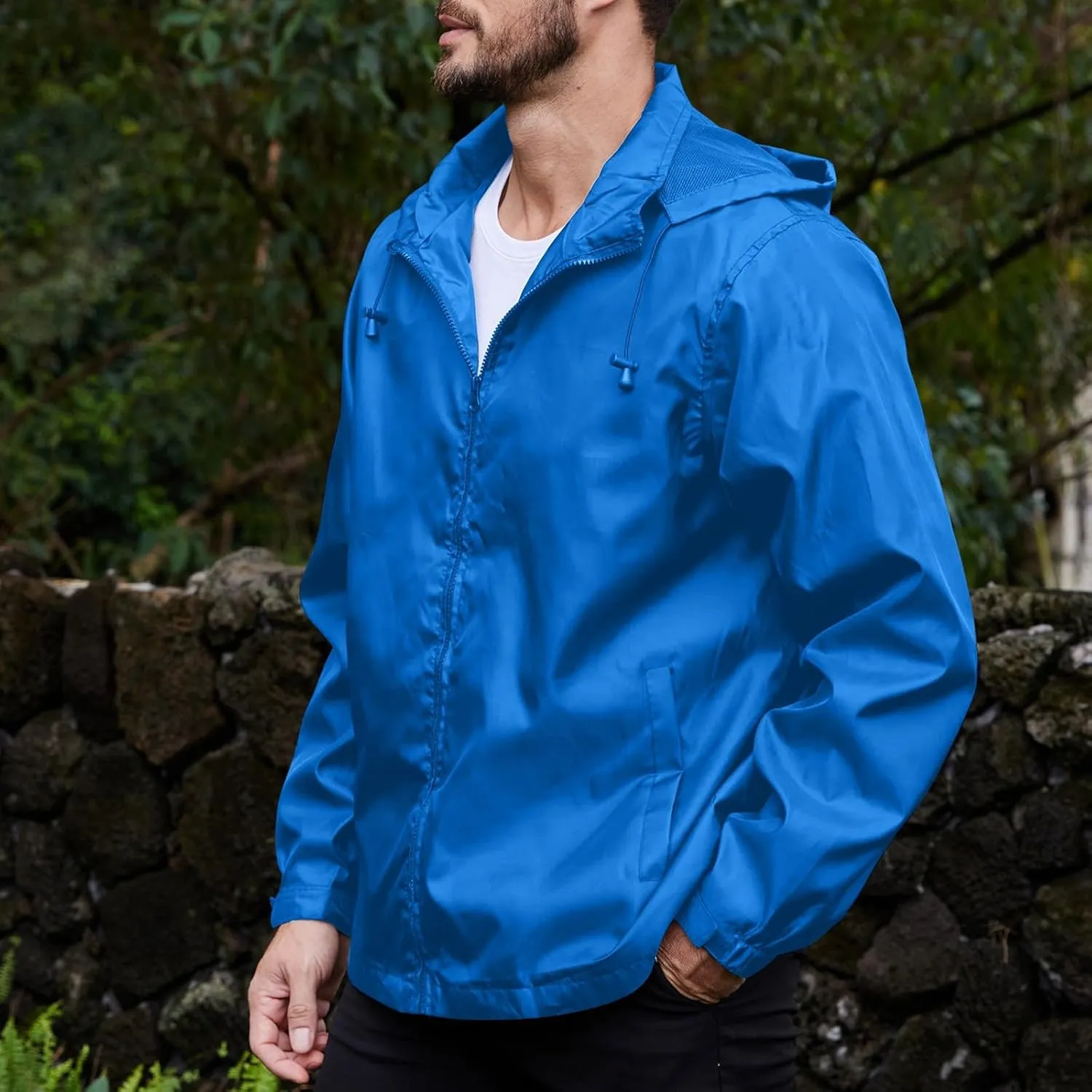 Mens Lightweight Hiking Rain Jackets with Hood Outdoor Travel Waterproof Raincoat Packable Shell Cycling Windbreakers