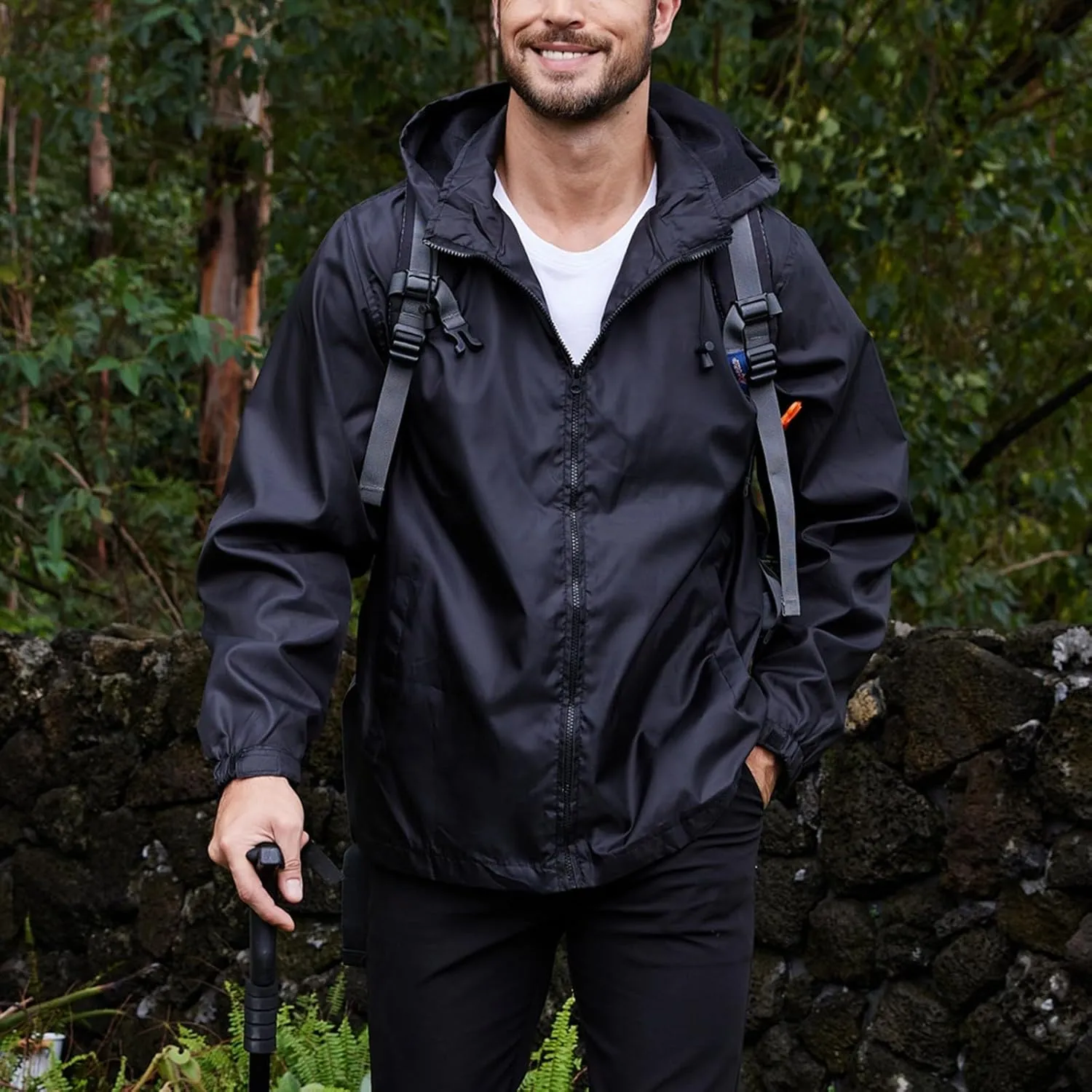 Mens Lightweight Hiking Rain Jackets with Hood Outdoor Travel Waterproof Raincoat Packable Shell Cycling Windbreakers