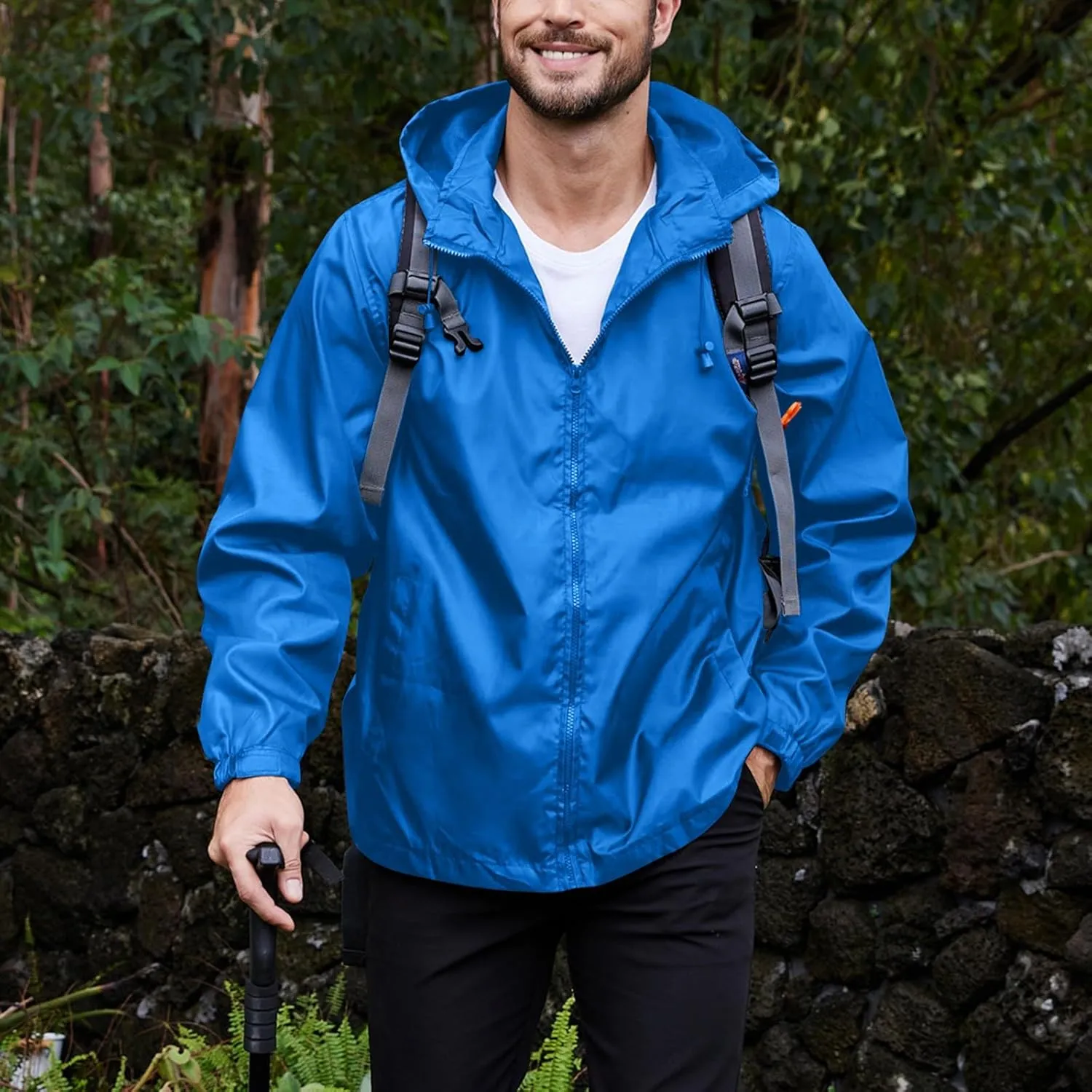 Mens Lightweight Hiking Rain Jackets with Hood Outdoor Travel Waterproof Raincoat Packable Shell Cycling Windbreakers