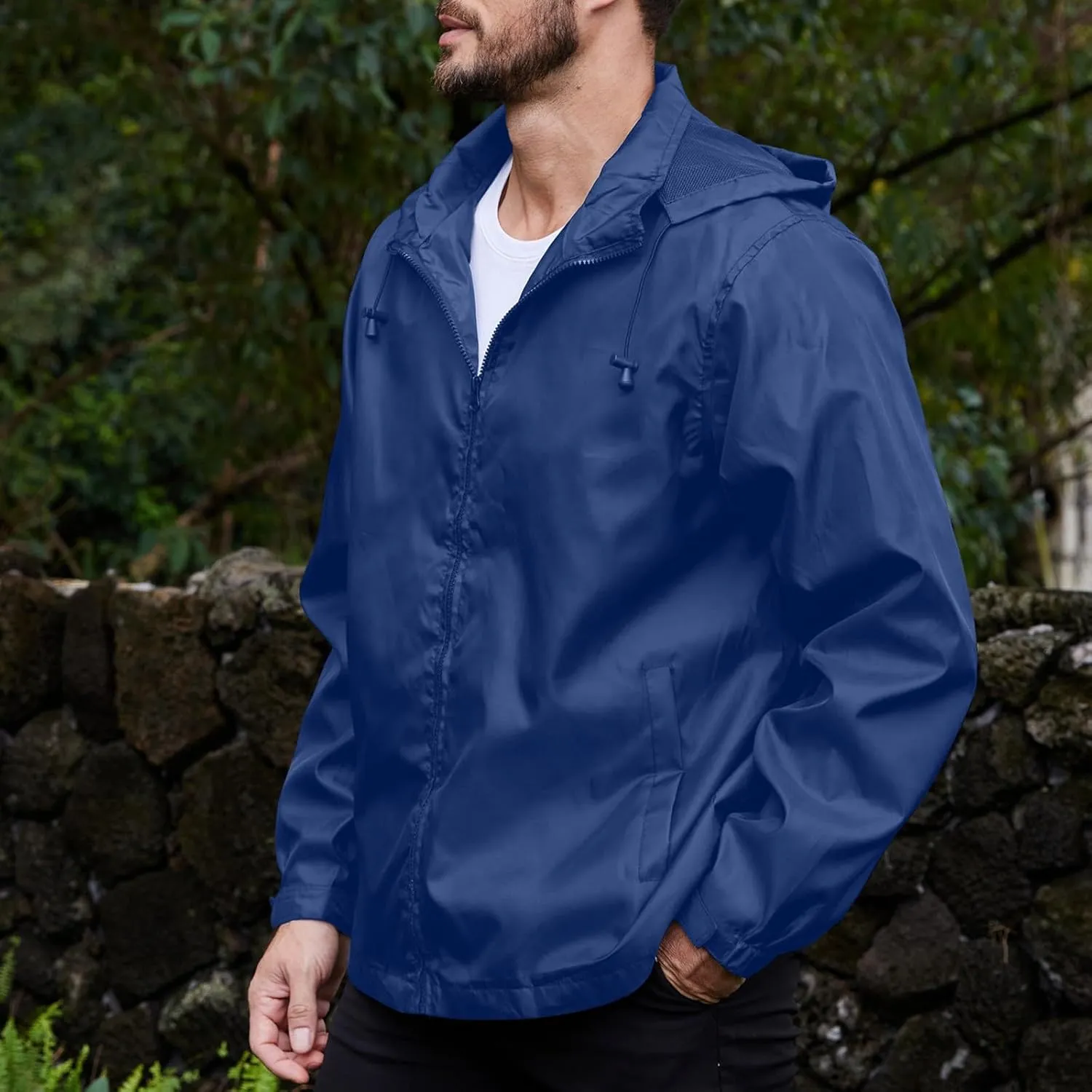 Mens Lightweight Hiking Rain Jackets with Hood Outdoor Travel Waterproof Raincoat Packable Shell Cycling Windbreakers