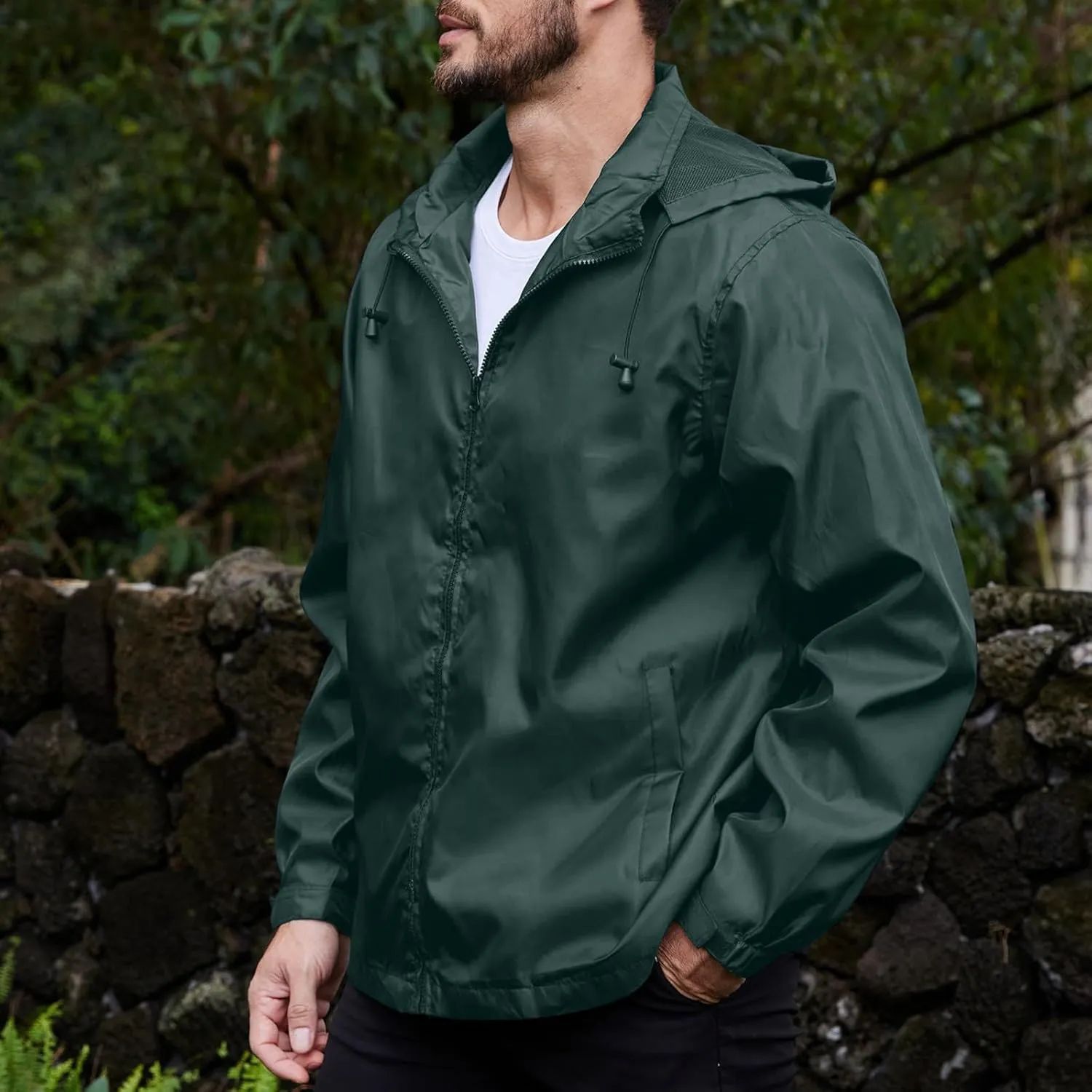Mens Lightweight Hiking Rain Jackets with Hood Outdoor Travel Waterproof Raincoat Packable Shell Cycling Windbreakers