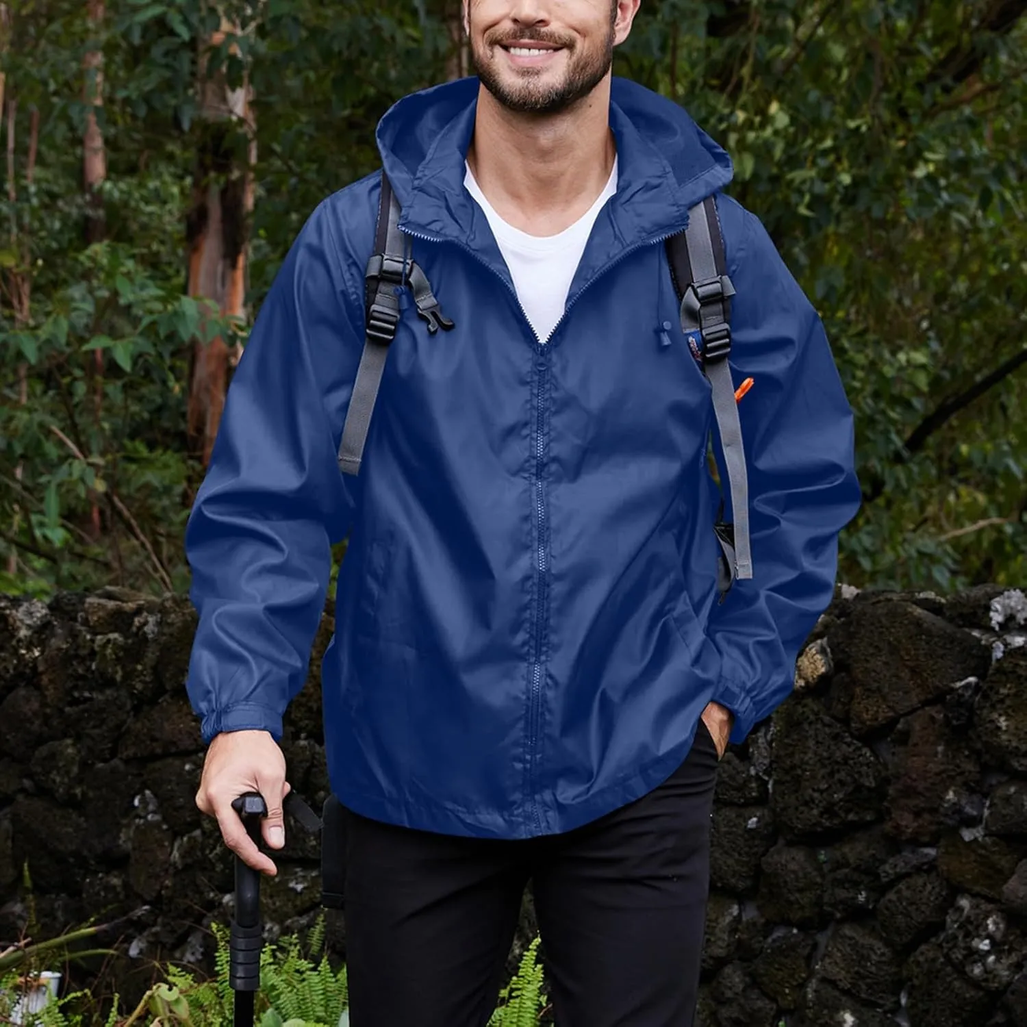 Mens Lightweight Hiking Rain Jackets with Hood Outdoor Travel Waterproof Raincoat Packable Shell Cycling Windbreakers