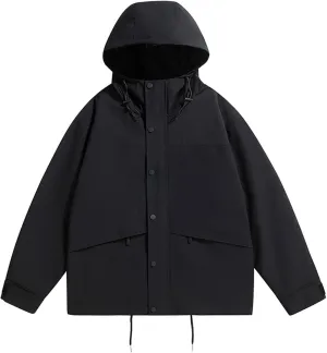 Men's Lightweight Waterproof Rain Jacket Hooded Outdoor Button Zip Hiking Windbreakers Jacket Casual Sportswear Coat