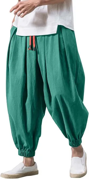 Mens Linen Harem Pants Elastic Waist Drawstring Casual Beach Yoga Crop Trousers Big and Tall Wide Leg Loose Sweatpant