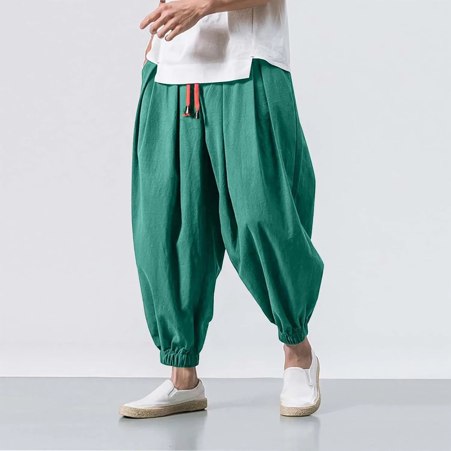 Mens Linen Harem Pants Elastic Waist Drawstring Casual Beach Yoga Crop Trousers Big and Tall Wide Leg Loose Sweatpant