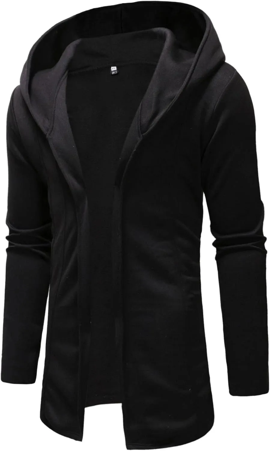 Men's Long Open Front Cardigan Lightweight Longline Fleece Hooded Cardigan Solid Zip Long Sleeve Coat Outwear (Black,Medium)