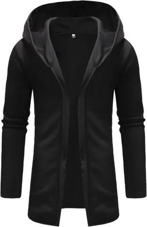 Men's Long Open Front Cardigan Lightweight Longline Fleece Hooded Cardigan Solid Zip Long Sleeve Coat Outwear (Black,Medium)