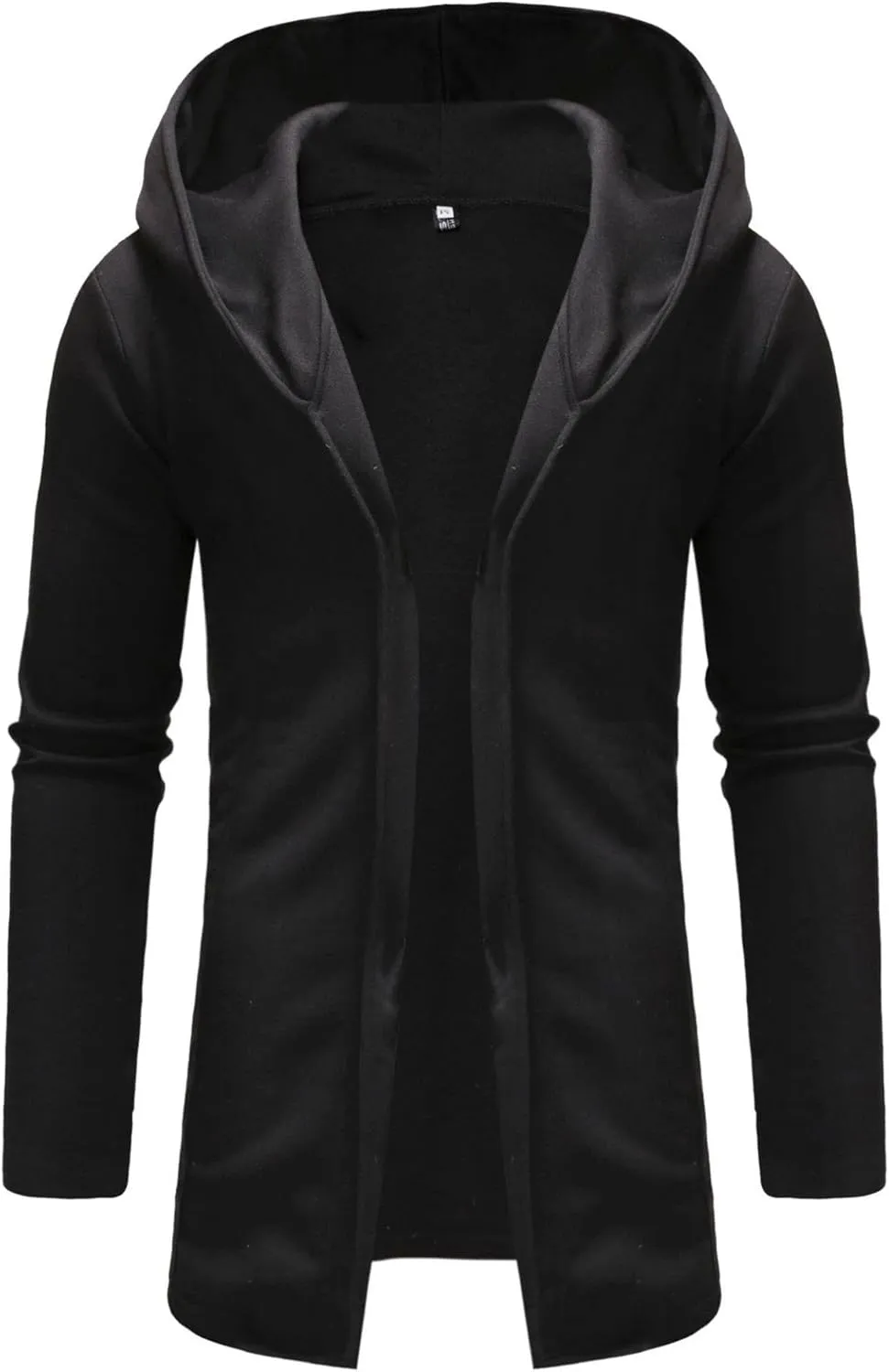 Men's Long Open Front Cardigan Lightweight Longline Fleece Hooded Cardigan Solid Zip Long Sleeve Coat Outwear (Black,Medium)