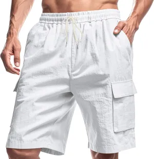 Men's Loose Fit Solid Summer Cargo Short Cotton Linen Casual Beach Shorts Drawstring Comfort Outdoor Shorts (White,Large)