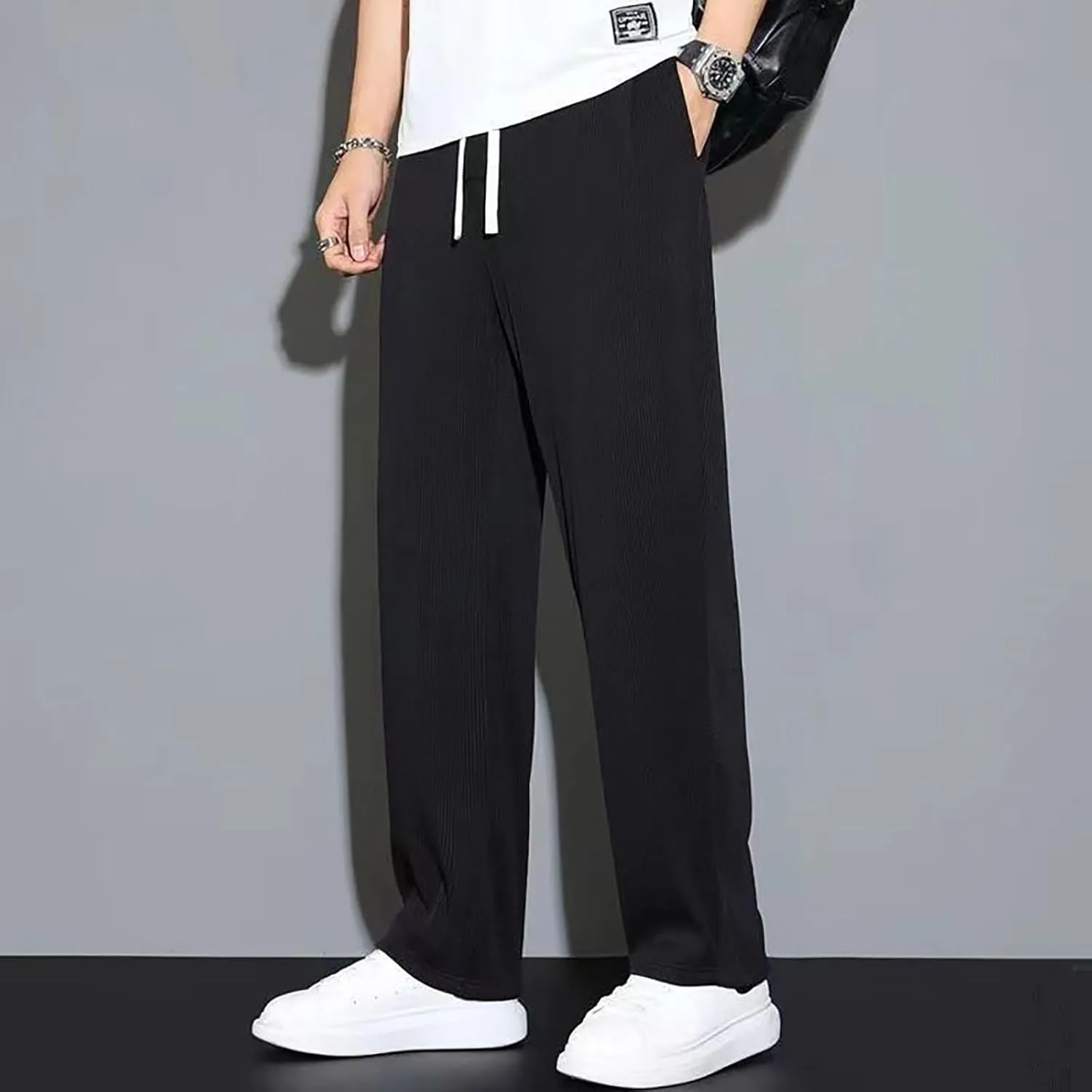 Mens Pants Casual Relaxed Fit Stretch Active Pants Loose Ice Silk Breathable Casual Comfy Pant Trousers with Pockets