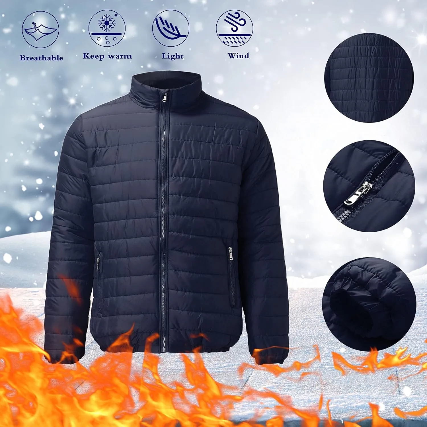 Mens Puffer Jacket Warm Windproof Lightweight Winter Fall Stand Collar Down Packable Coats Plus Size Puffy Jackets