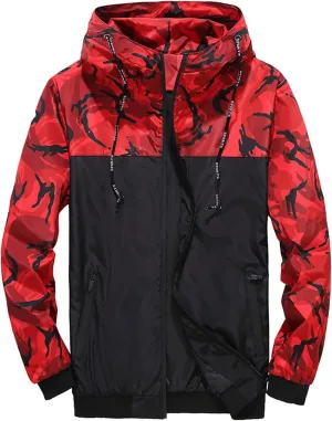Mens Rain Jackets Zip Up Hooded Waterproof Windbreakers Loose Lightweight Coats Fashion Camo Jackets with Pockets