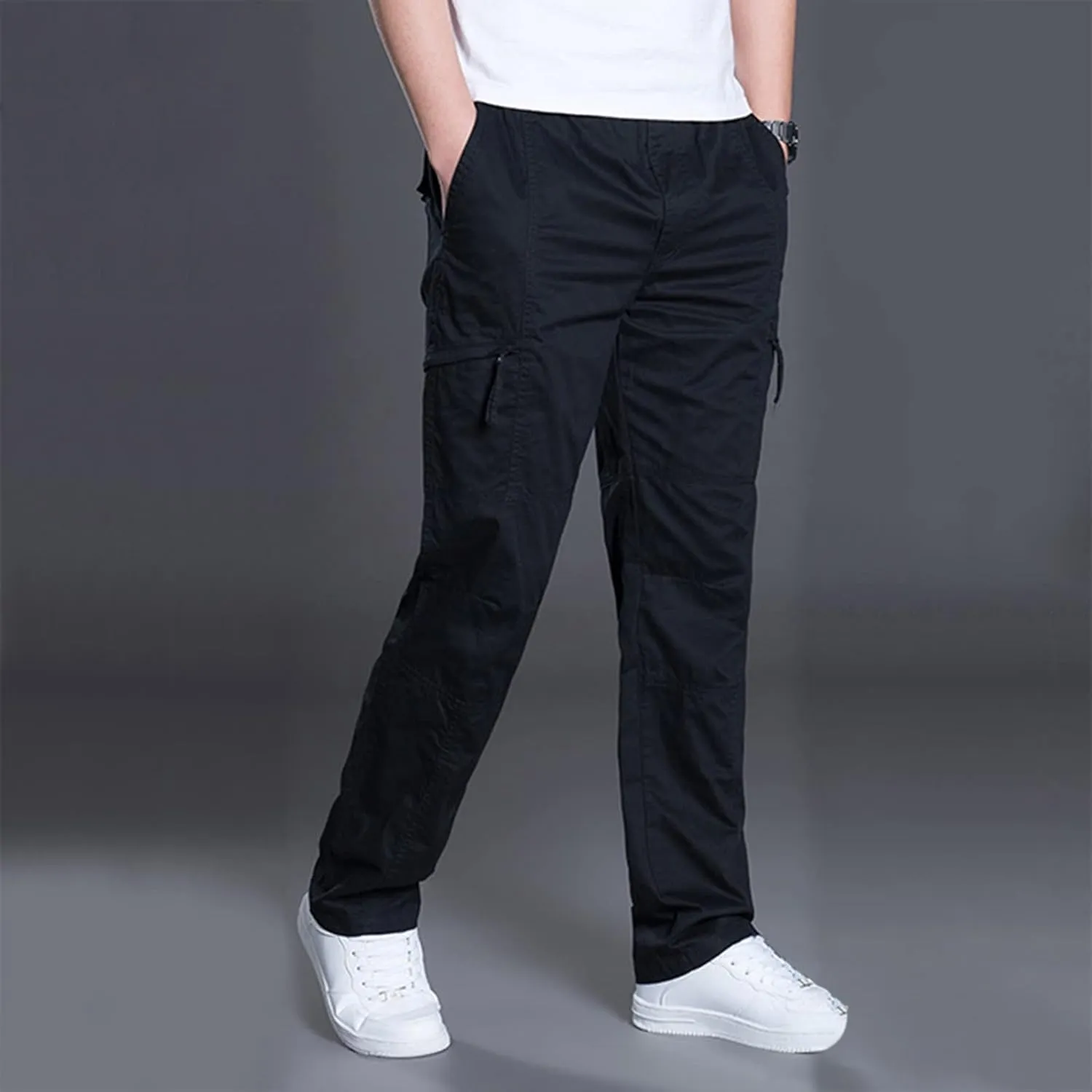 Mens Sweatpants Zipper Fly Cotton Casual Cargo Work Pants Relaxed Fit Baggy Travel Hiking Trouser Multi Pockets