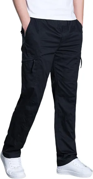 Mens Sweatpants Zipper Fly Cotton Casual Cargo Work Pants Relaxed Fit Baggy Travel Hiking Trouser Multi Pockets