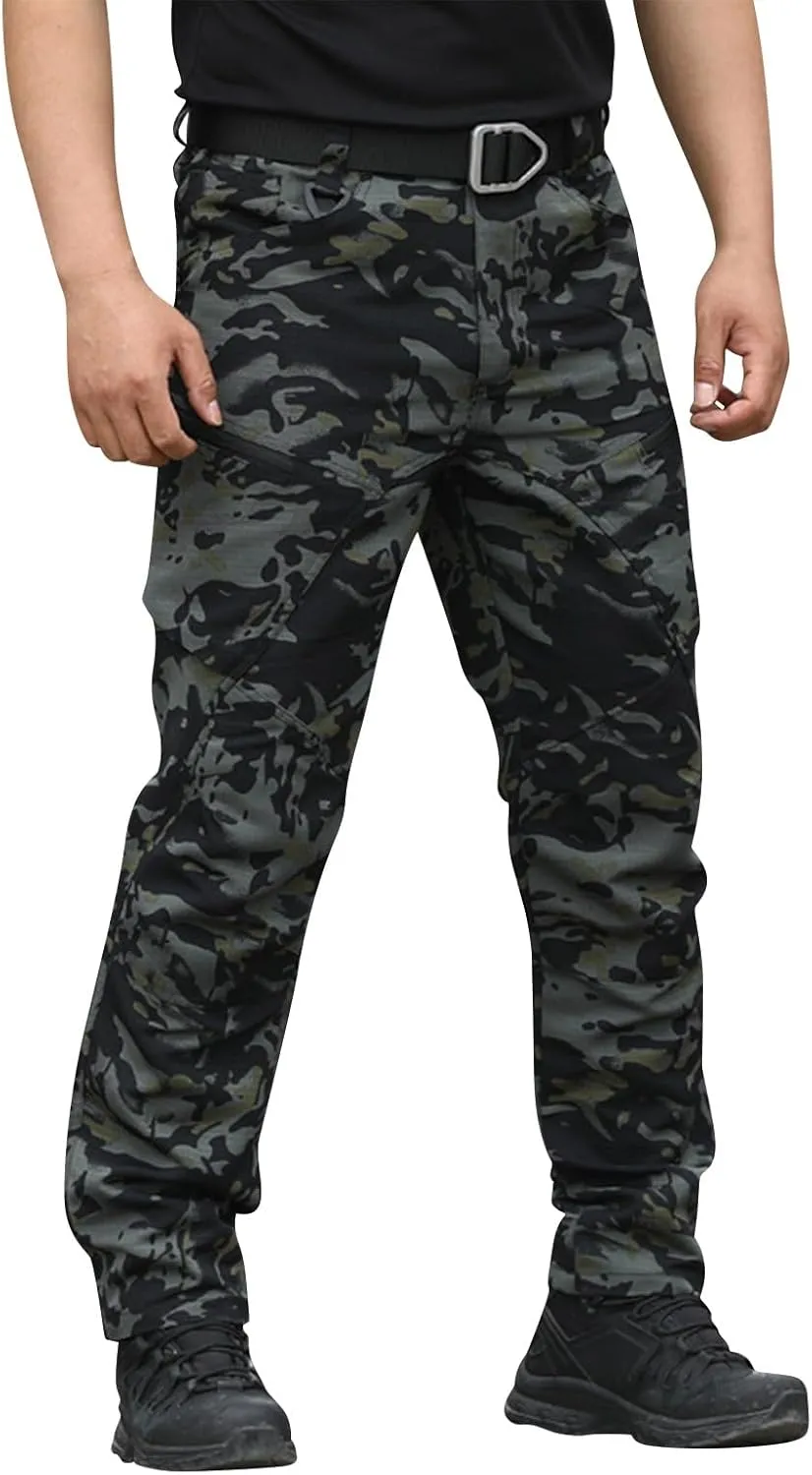 Mens Tactical Waterproof Pants Relaxed Fit Work Hiking Multi Pockets Flex Camo Cargo Trousers