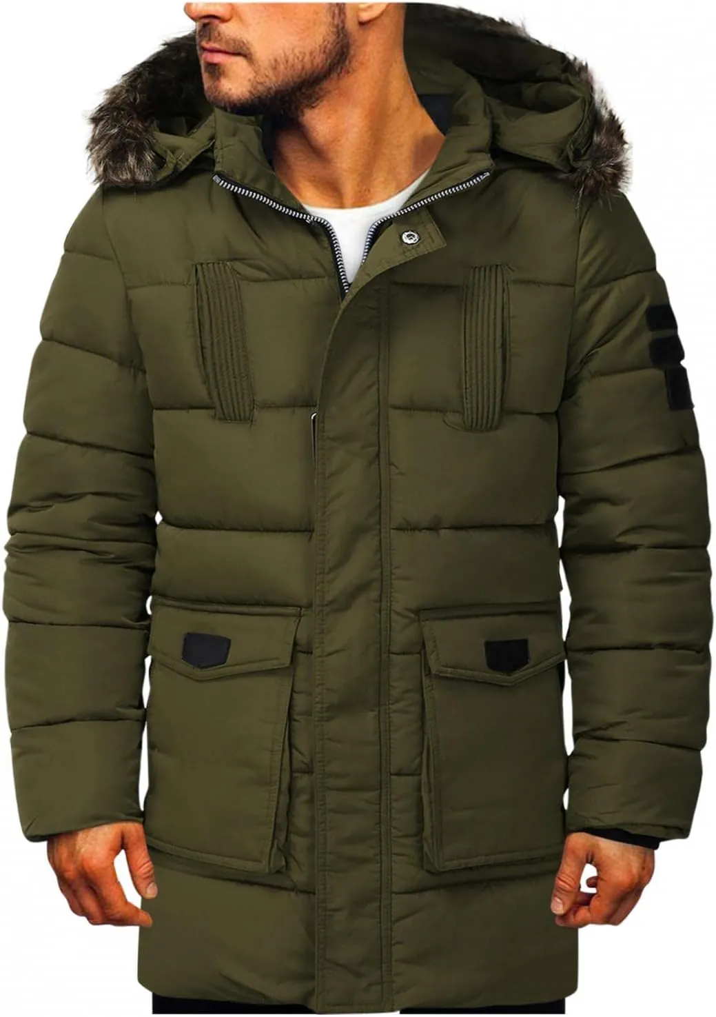 Mens Warm Thicken Parka Jackets Zip Up Puffer Down Coats Cotton Mid Long Winter Windbreakers with Detachable Hood