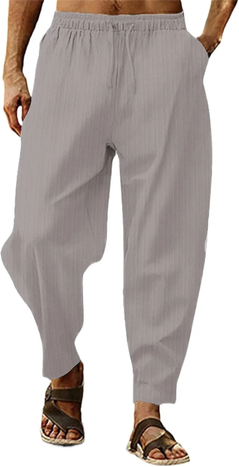 Mens White Linen Casual Pants Elastic Waist Loose Fit Straight-Legs Stretchy Summer Beach Long Baggy Yoga Trousers